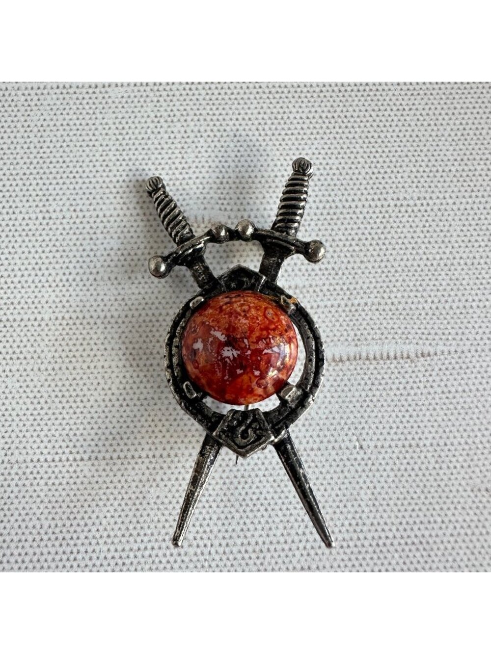 Scottish Celtic Targe & Crossed Dirks Brooch Silvertone Faux Agate Glass